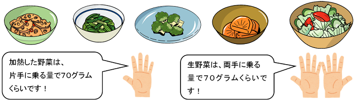 1日に食べる野菜の適量(350グラム)小鉢5~6つ分です!加熱した野菜は、片手に乗る量で70グラムくらいです!生野菜は、両手に乗る量で70グラムくらいです!