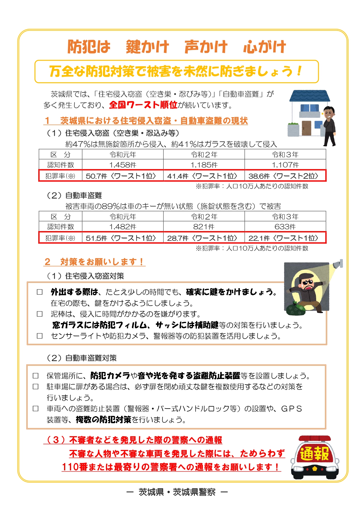 防犯回覧版　防犯は鍵かけ声掛け心がけ　万全な防犯対策で被害を未然に防ぎましょう