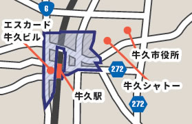 牛久駅周辺地図（牛久市特定中心市街地事業所開設等補助金対象エリア）